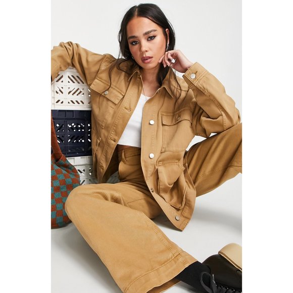 Topshop oversized cotton utility shacket with front pockets in camel, NWT! - Picture 1 of 5